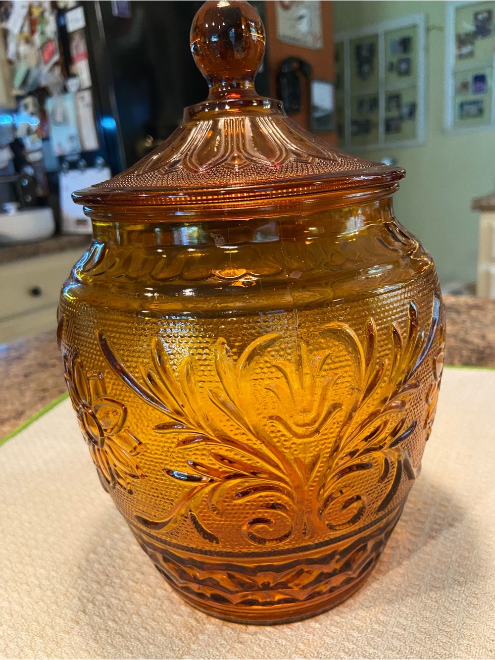 Indiana Glass Amber Embossed Glass Jar with Lid